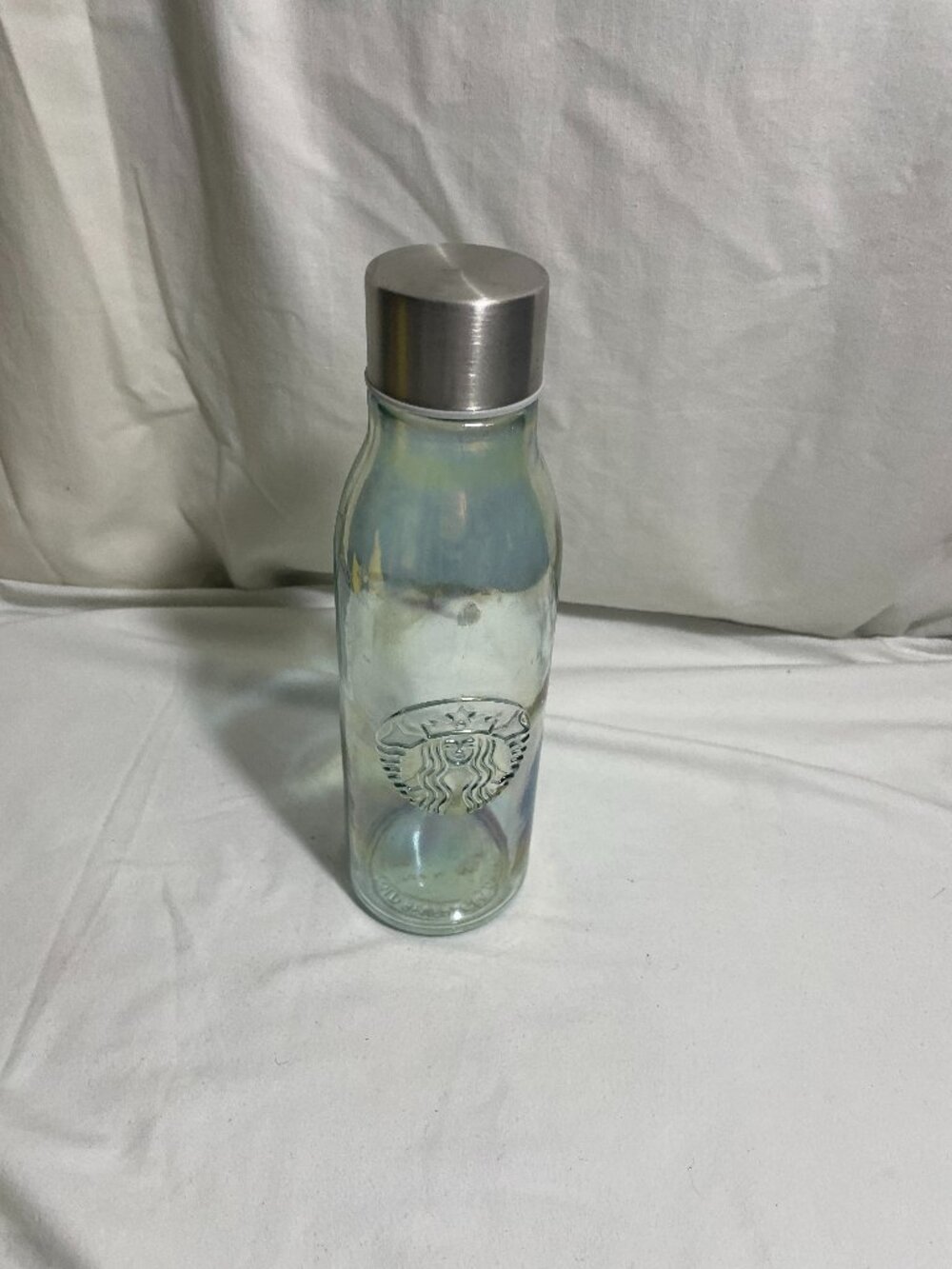 Starbucks Iridescent Recycled Glass Water Bottle Silver Lid 16.9 oz 9”